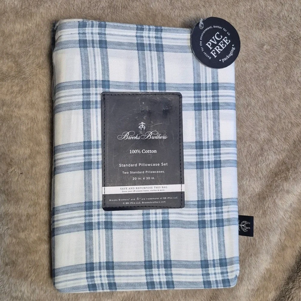 Brooks Brothers 100% Cotton Standard Pillowcase Set 2pc Blue White Plaid New